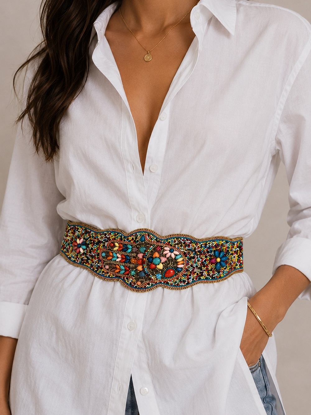 Hand-Beaded Multicolor Women's Waist Belt